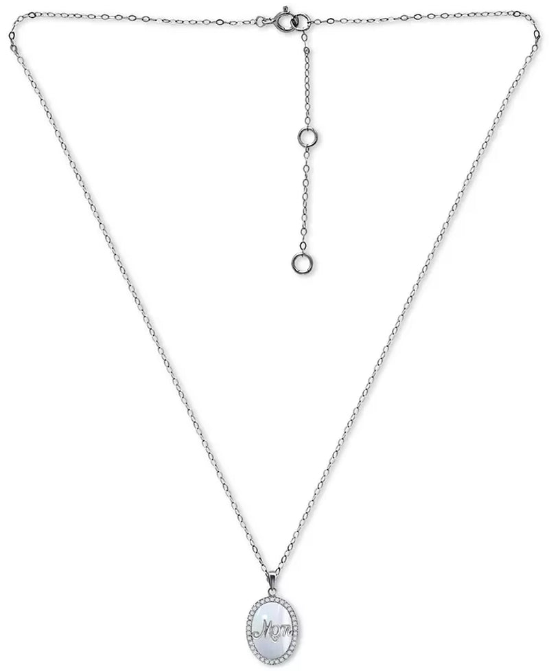 Cubic Zirconia & Mother of Pearl Oval "Mom" Halo Pendant Necklace, 16" + 2" Extender, Created for Macy'S