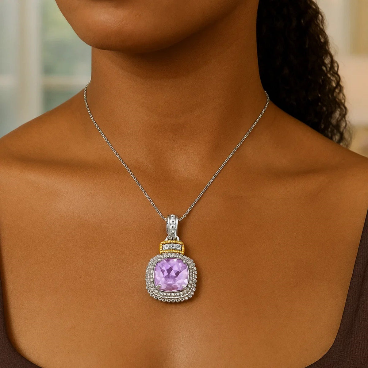 Nicholanti Collection 18k Yellow Gold & 925 Sterling Silver Cushion Amethyst ... - angled side view showing craftsmanship