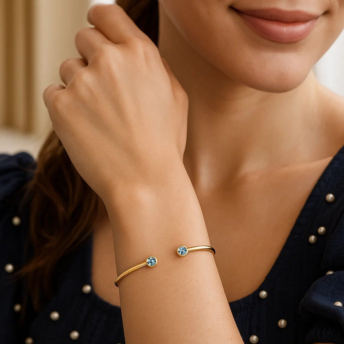 Nicholanti Collection 14k Yellow Gold Blue Topaz Open Cuff Bangle (2.00 mm) - lifestyle worn by model