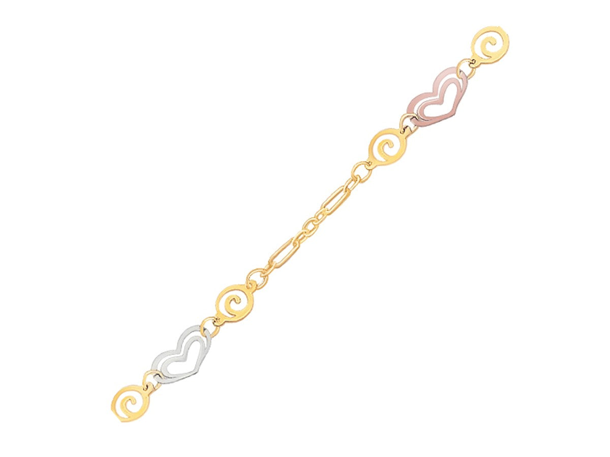 14k Tri-Color Gold Anklet with Multi Color Heart Stations