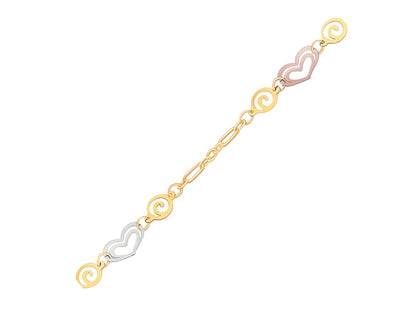 14k Tri-Color Gold Anklet with Multi Color Heart Stations