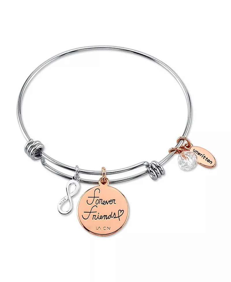 "Forever Friends" Infinity Bangle Bracelet in Stainless Steel & Rose Gold-Tone with Silver Plated Charms