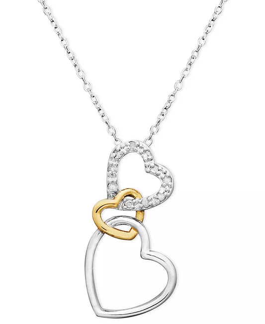 18K Gold over Sterling Silver and Sterling Silver Heart Necklace, Diamond Accent Three Interlocking Heart Pendant