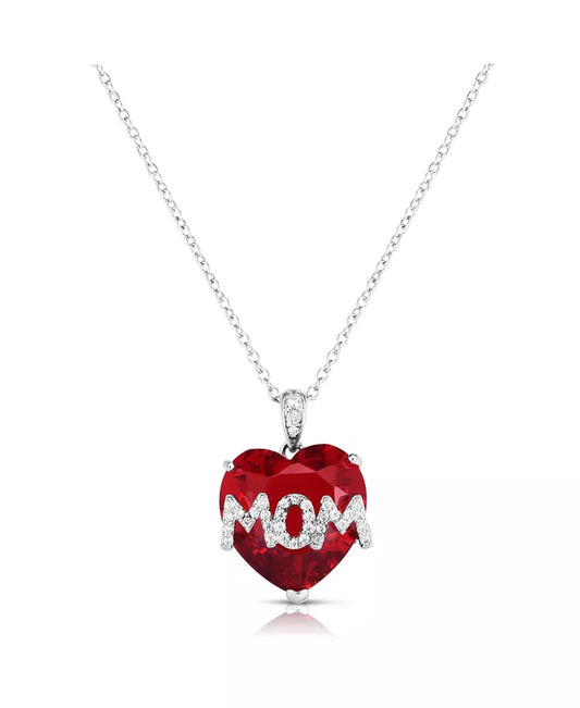 Simulated Ruby Mom Pendant in Silver Plate