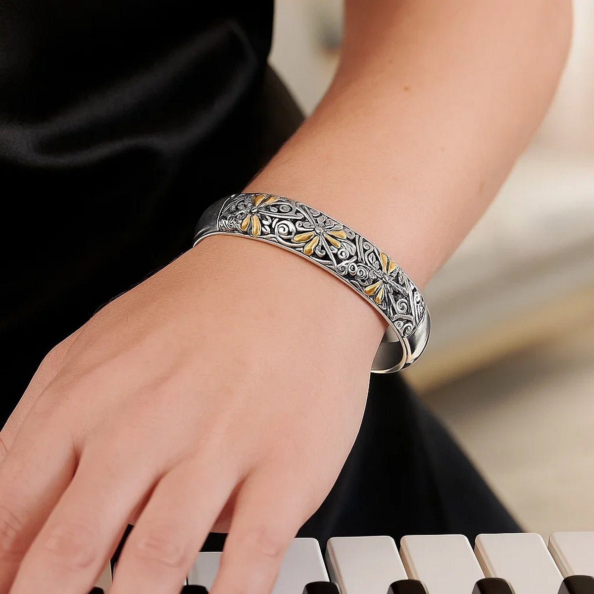 Nicholanti Collection 18k Yellow Gold and 925 Sterling Silver Cuff with Dragonfly an... - back view showing clasp closure