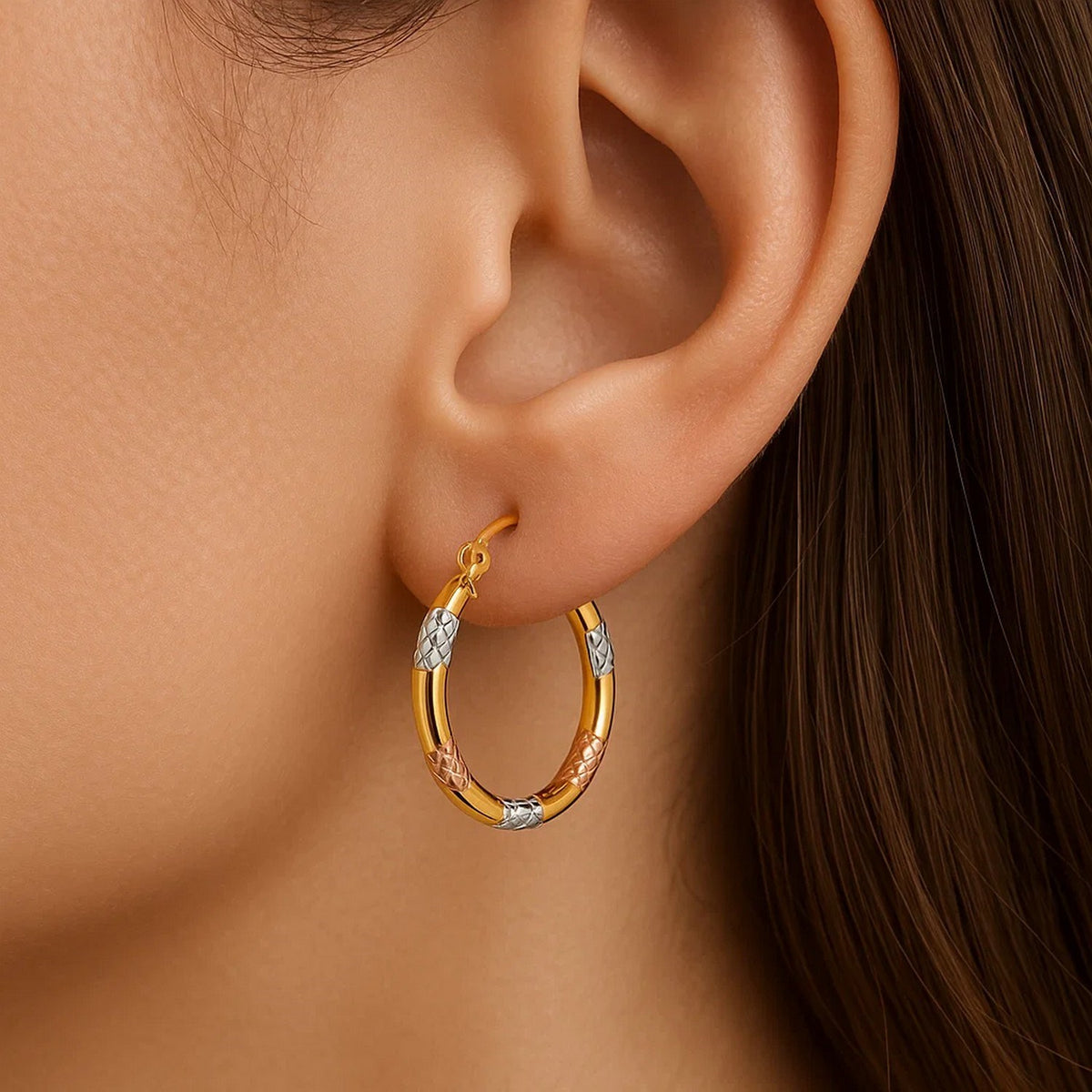 Nicholanti Collection Tri-Color Hoop Earrings with Diamond Cut Accents in 14k... - angled side view showing craftsmanship
