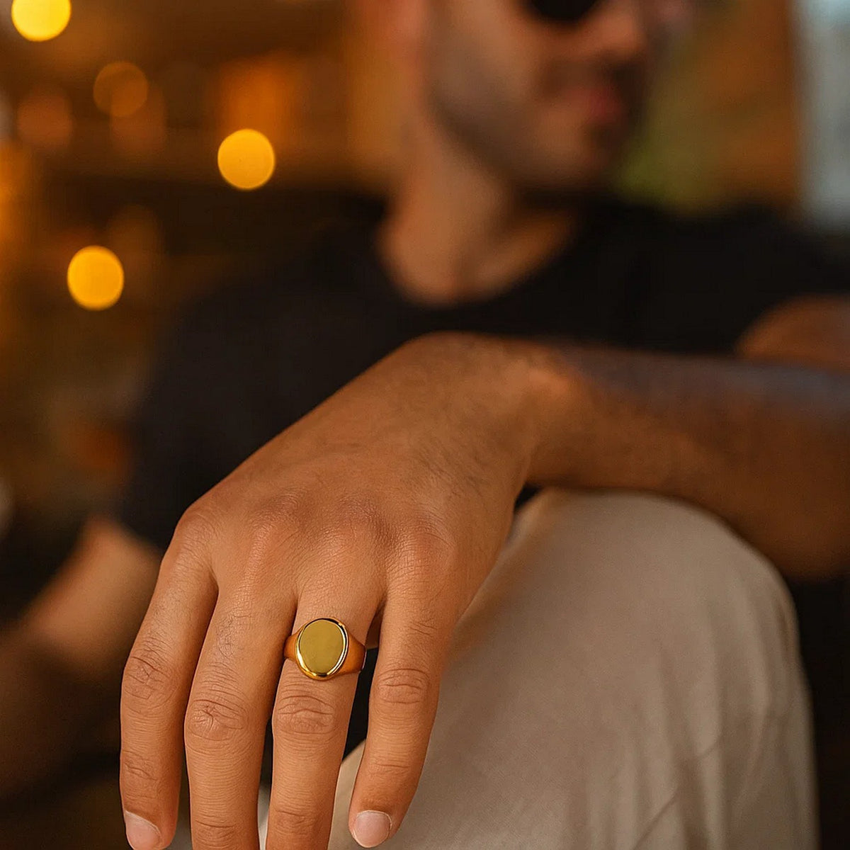 Nicholanti Collection Classic Signet Ring in 10k Yellow Gold - angled side view showing craftsmanship