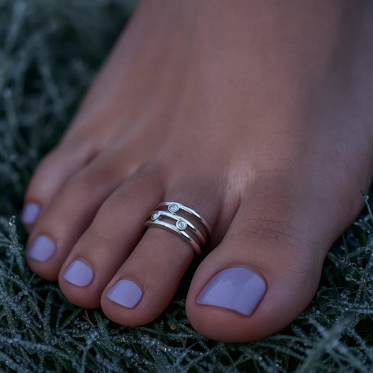 Nicholanti Collection White Cubic Zirconia Triple Line Style Open Toe Ring in 925 Sterling Silver - lifestyle worn by model