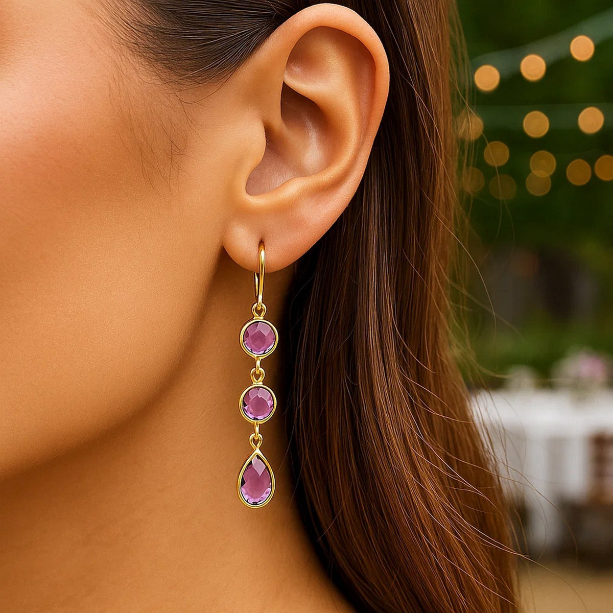 Nicholanti Collection Drop Earrings with Round and Pear-Shaped Amethysts in ... - angled side view showing craftsmanship