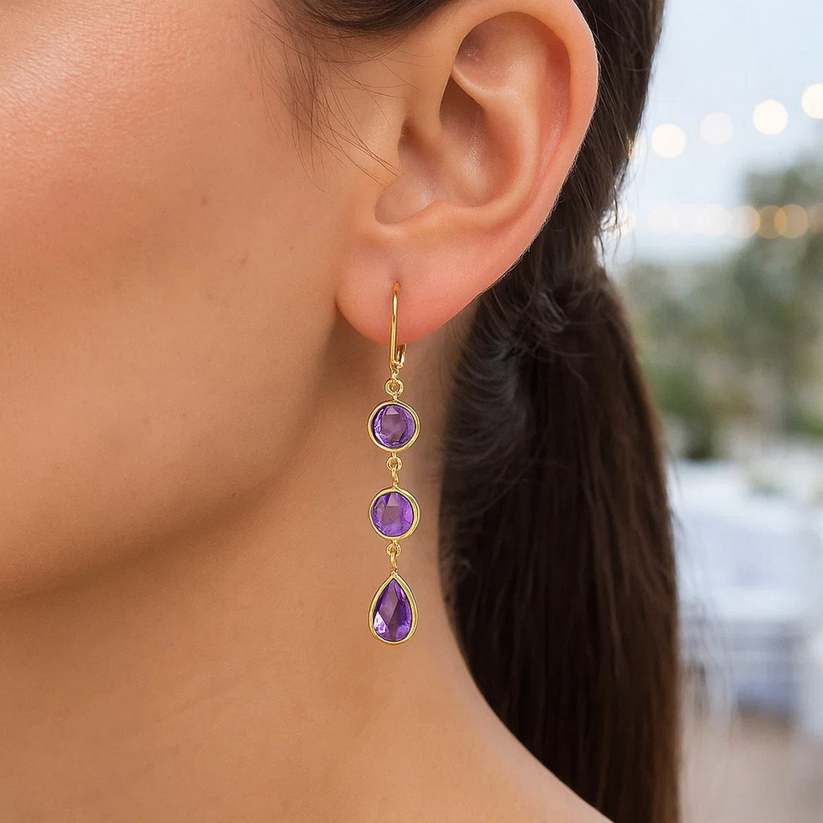 Nicholanti Collection Drop Earrings with Round and Pear-Shaped Amethysts in 14k Ye... - back view showing butterfly clasp