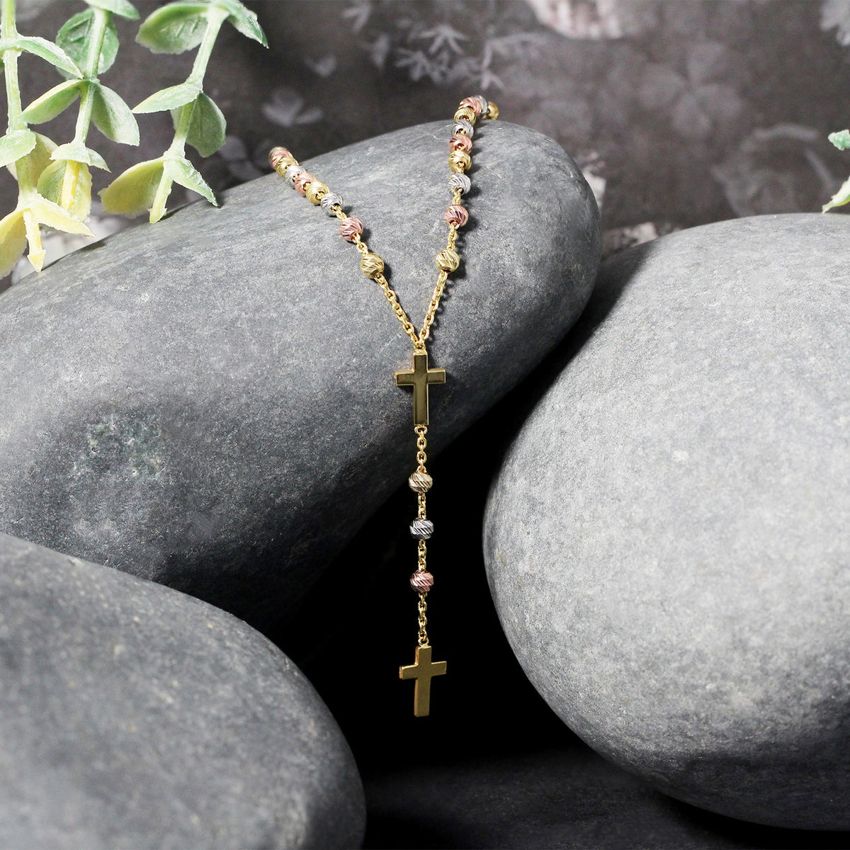 Nicholanti Collection 14k Tri-Color Gold Rosary Chain Necklace - worn by model on neckline