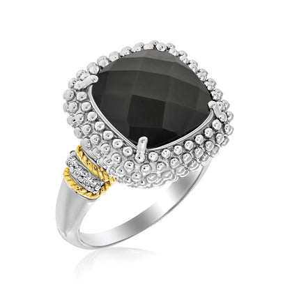 Nicholanti Collection 18k Yellow Gold & 925 Sterling Silver Black Onyx and Diamond Popcorn Cushion Ring - front view