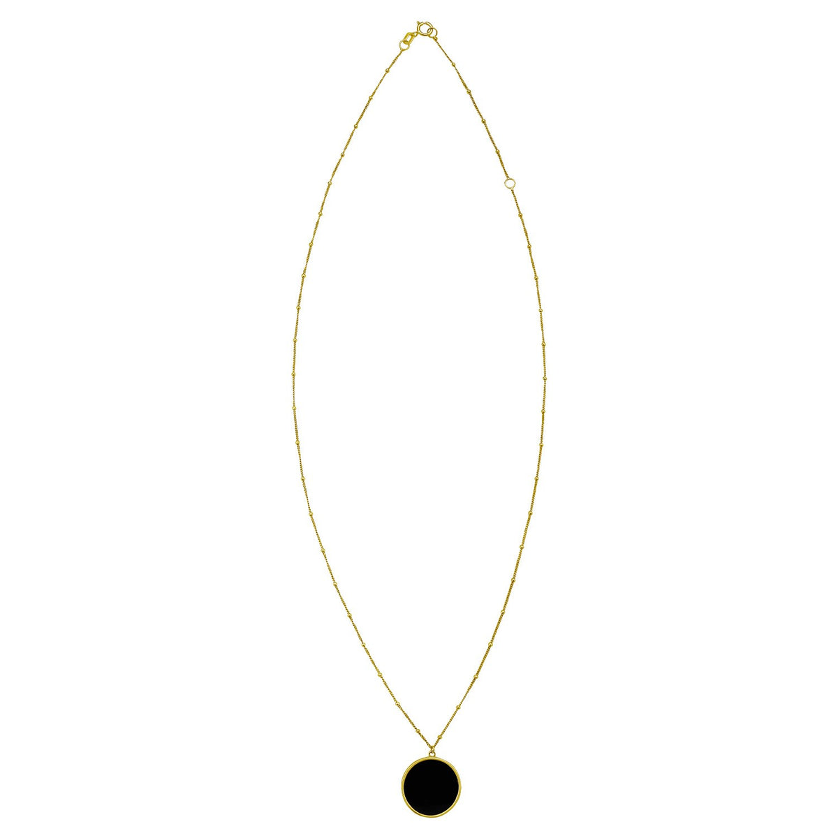 Nicholanti Collection 14k Yellow Gold Onyx Inlay Circle Necklace - angled side view showing craftsmanship