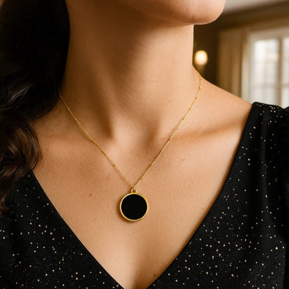 Nicholanti Collection 14k Yellow Gold Onyx Inlay Circle Necklace - lifestyle layered styling view