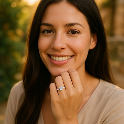 Nicholanti Collection 1 Carat Radiant Lab Grown IGI G/VS1 Diamond Solitaire Ring in 10k White Gold - scale view on finger