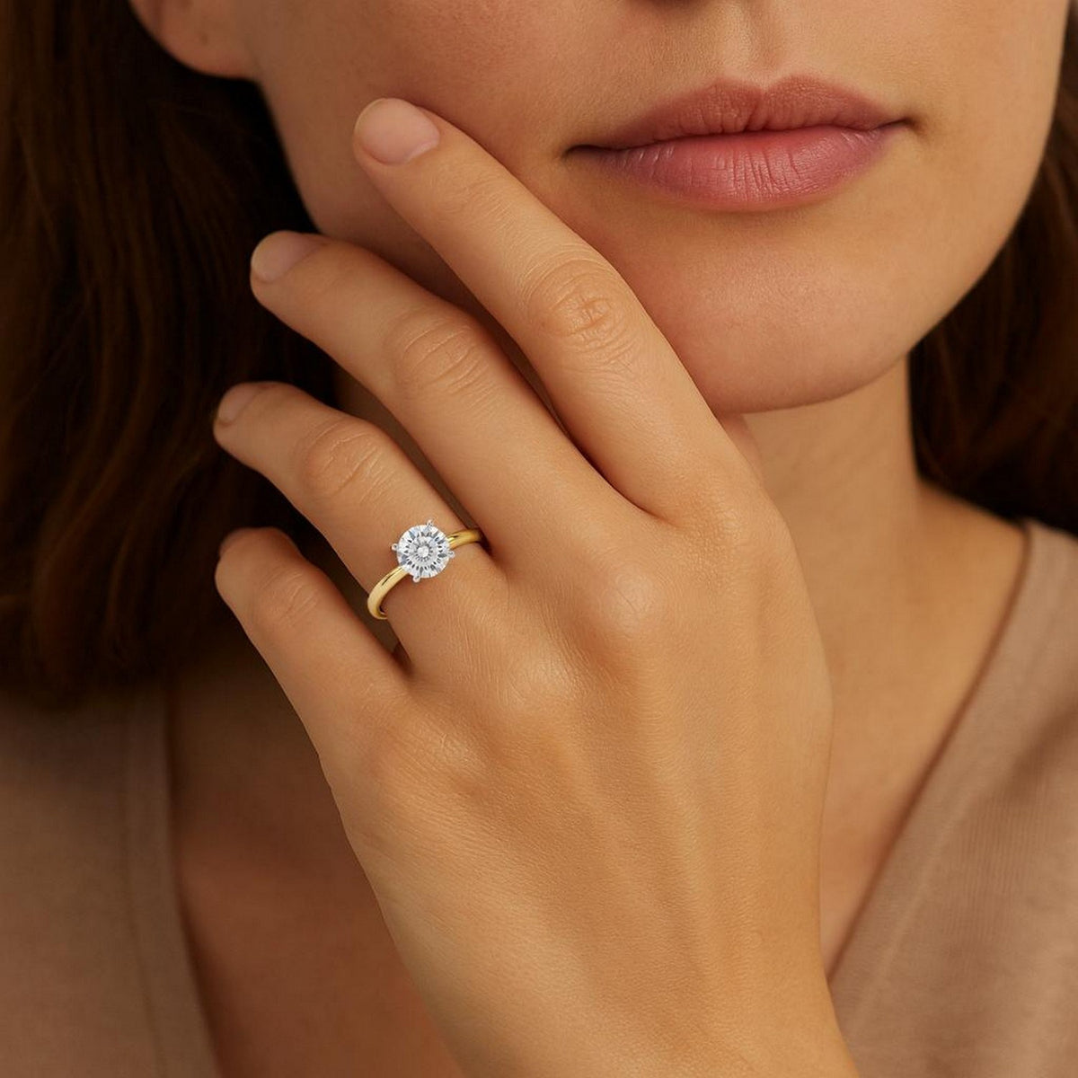 Nicholanti Collection 1 Carat Round Lab Grown IGI G/VS1 Diamond Solitaire Ring in 14k Yellow Gold - worn on hand model view