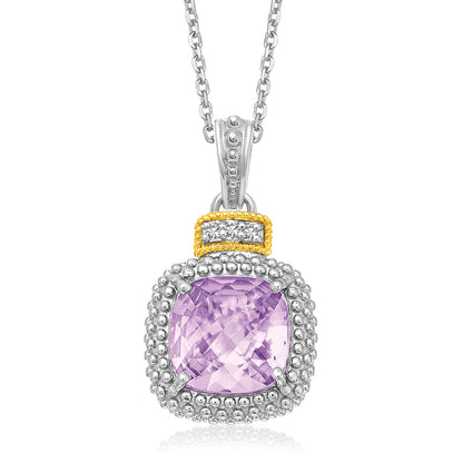 Nicholanti Collection 18k Yellow Gold & 925 Sterling Silver Cushion Amethyst with Diamond Accents Pendant - front view