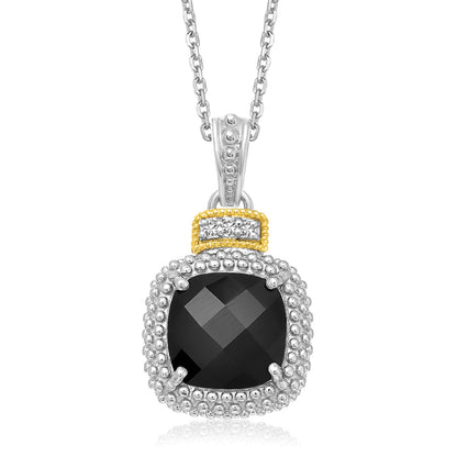 Nicholanti Collection 18k Yellow Gold & 925 Sterling Silver Popcorn Cushion Black Onyx and Diamond Pendant - front view