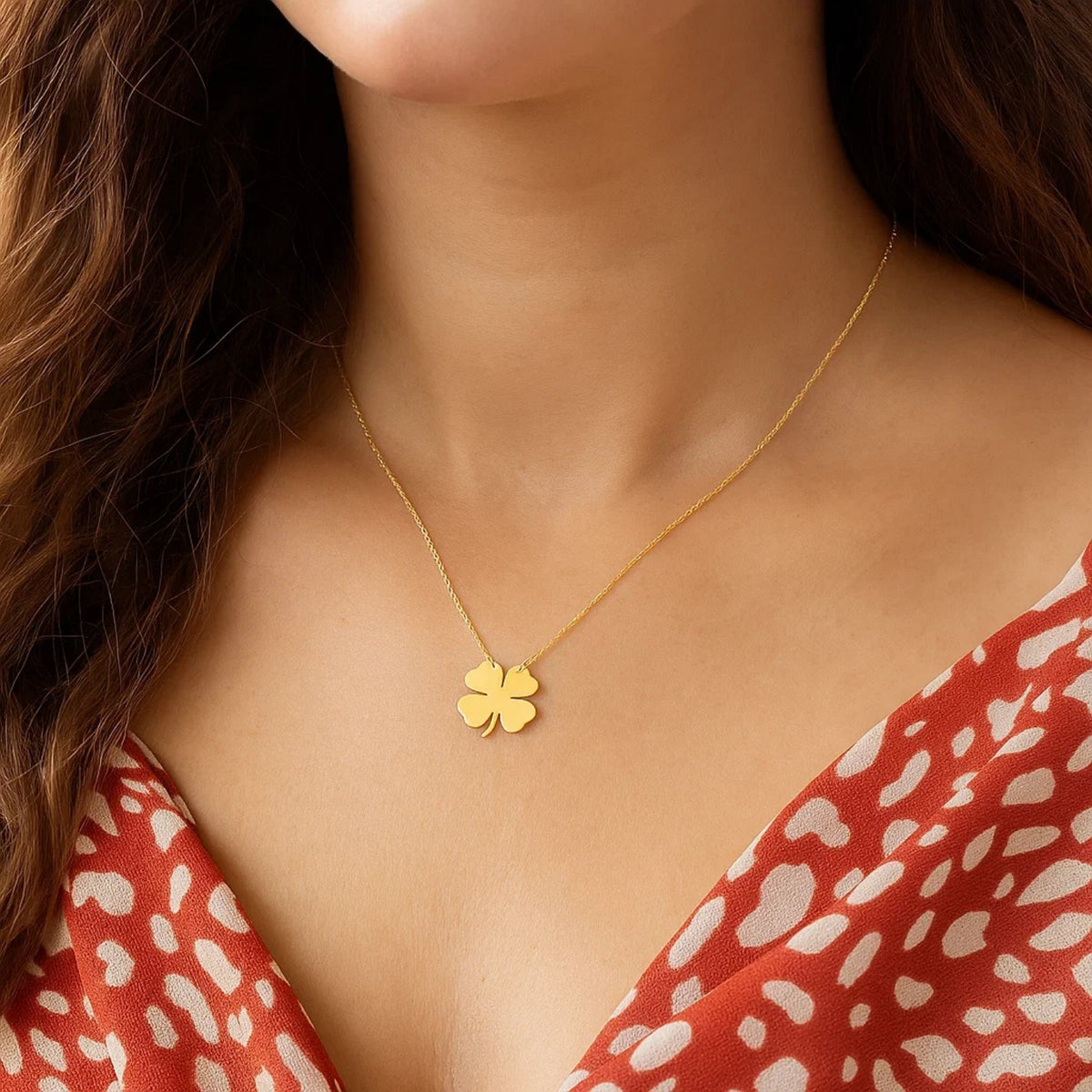 Nicholanti Collection 14k Yellow Gold Four Leaf Clover Necklace - worn by model on neckline