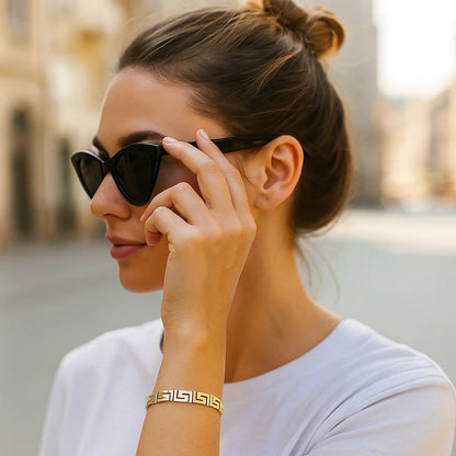 Nicholanti Collection 14k Yellow Gold Fancy Greek Key Motif Bracelet (6.35 mm) - worn on wrist lifestyle view