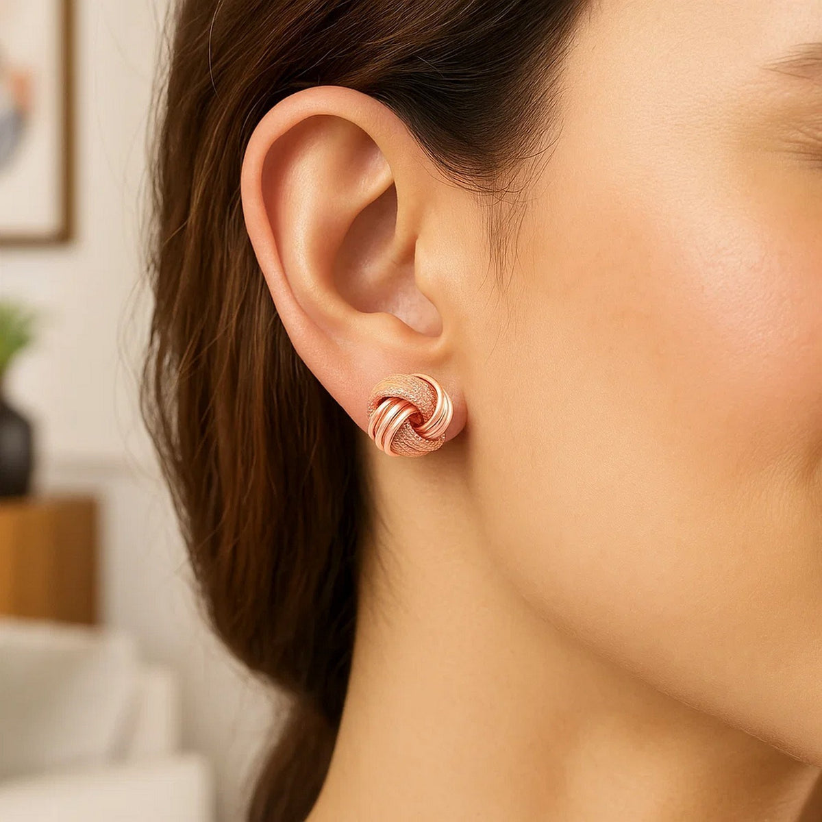 Nicholanti Collection 14k Rose Gold Unique Love Knot Beautifully Crafted Ridge ... - close-up showing earring post detail