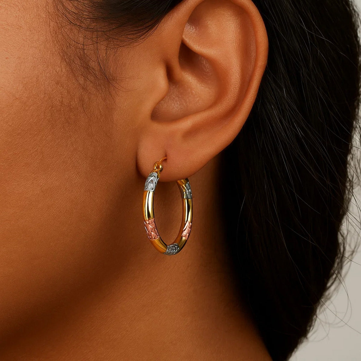 Nicholanti Collection 10k Tri-Color Gold Classic Hoop Earrings with Diamond ... - angled side view showing craftsmanship