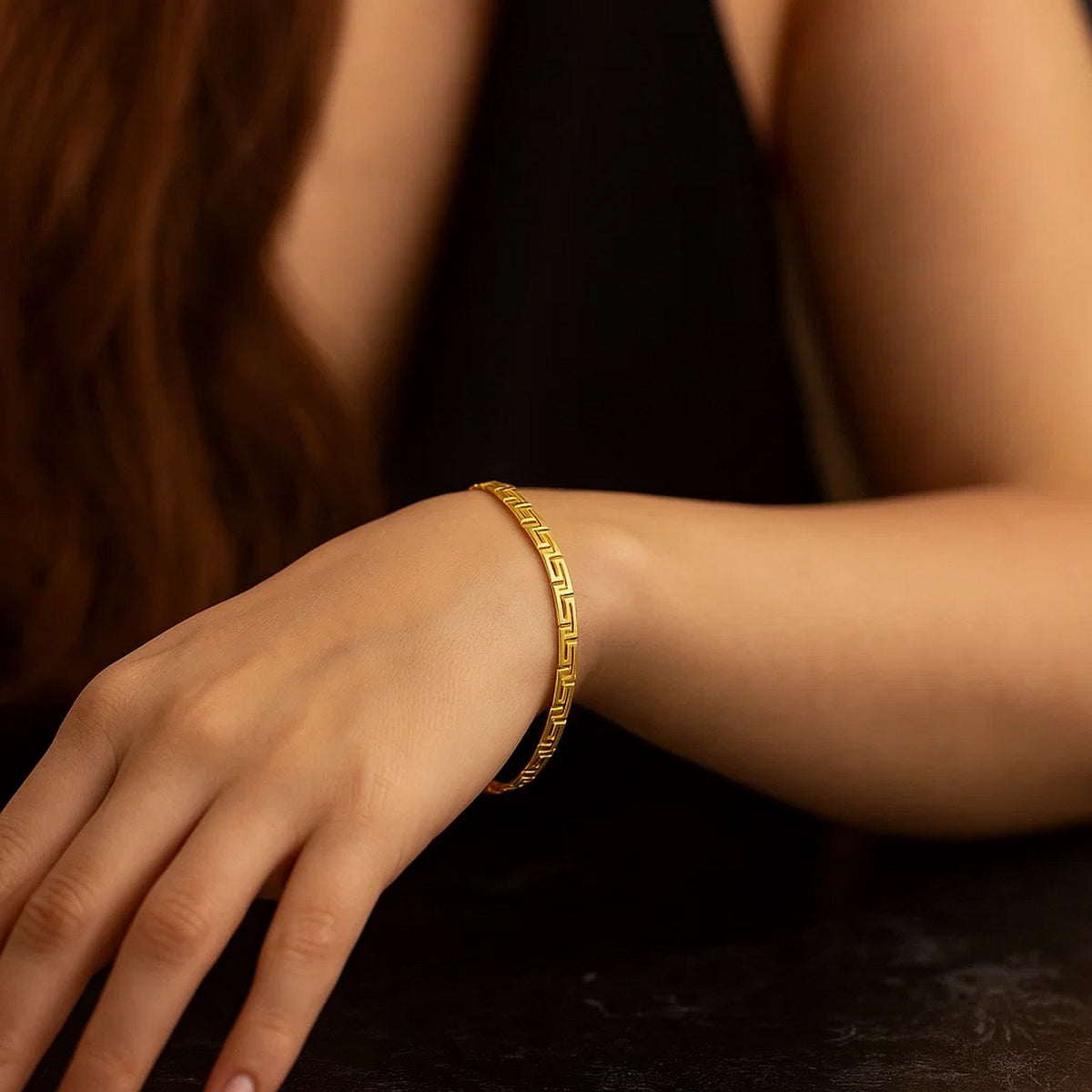 Nicholanti Collection 14k Yellow Gold Greek Fret Design Fancy Bracelet (3.30 mm) - worn on wrist lifestyle view