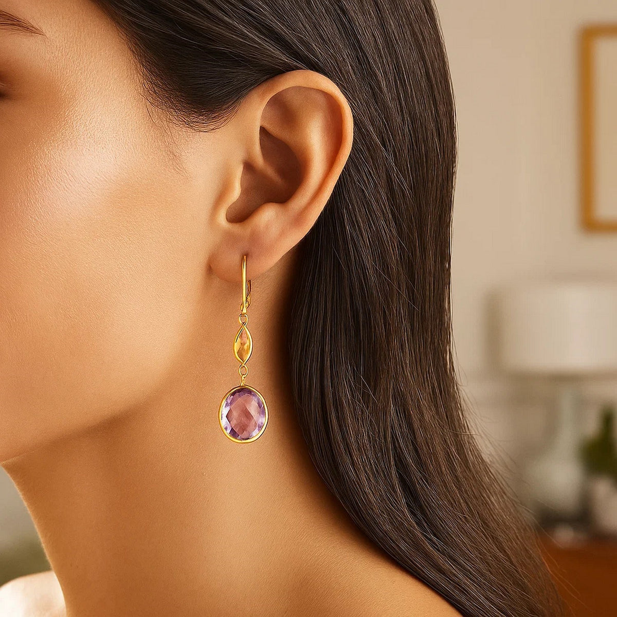 Nicholanti Collection 14k Yellow Gold Drop Earrings with Citrine and Amethyst... - angled side view showing craftsmanship