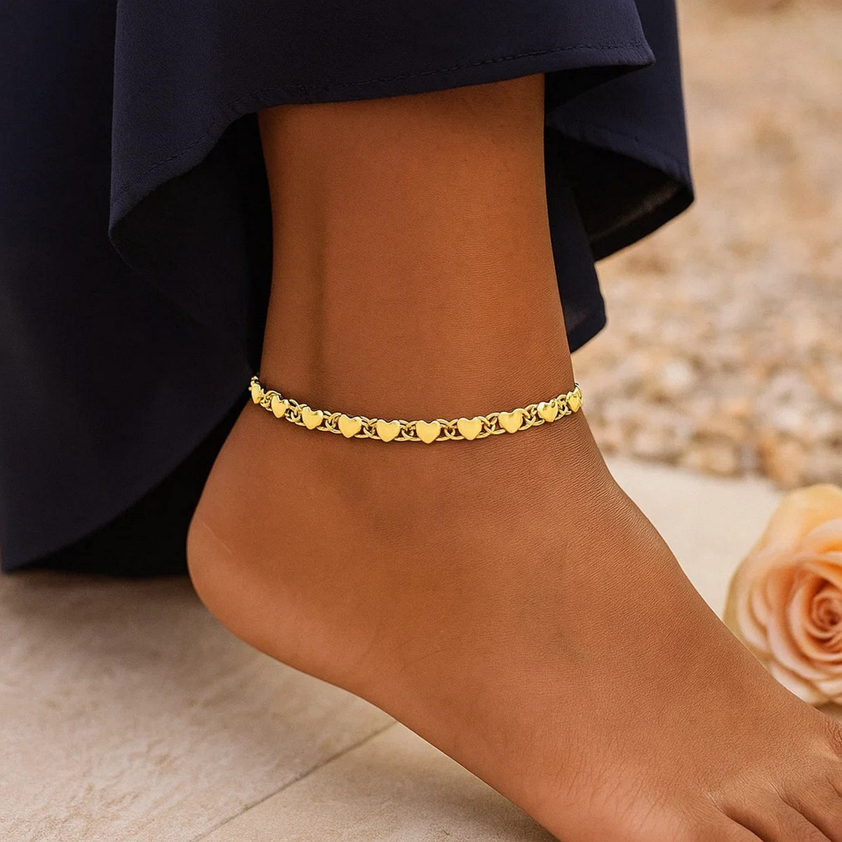 Nicholanti Collection 10k Yellow Gold Heart Anklet (3.00 mm) - worn on ankle lifestyle view
