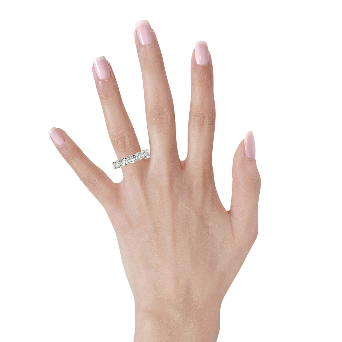 Nicholanti Collection Round Cut Lab Grown Diamond Eternity Ring in 14k White Gold (5 cttw FG/VS2) - worn on hand model view