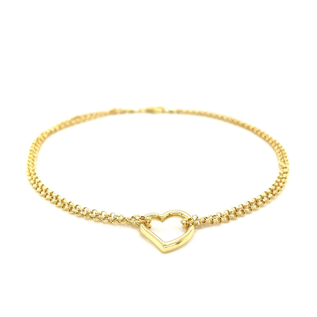 Nicholanti Collection 10k Yellow Gold Double Rolo Chain Anklet with an Open Heart Station - close-up detail showing texture