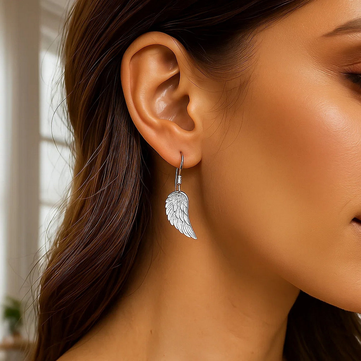 Nicholanti Collection Textured Angel Wing 925 Sterling Silver Earrings with S... - angled side view showing craftsmanship