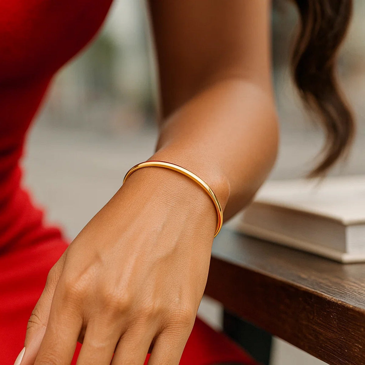 Nicholanti Collection 10k Yellow Gold Dome Style Shiny Bangle (3.30 mm) - lifestyle worn by model