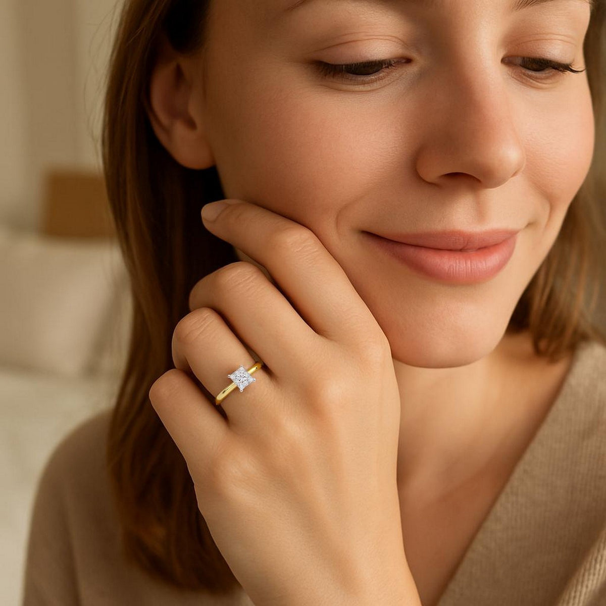 Nicholanti Collection 1 Carat Princess Lab Grown IGI G/VS1 Diamond Solitaire Ring in 14k Yellow Gold - scale view on finger