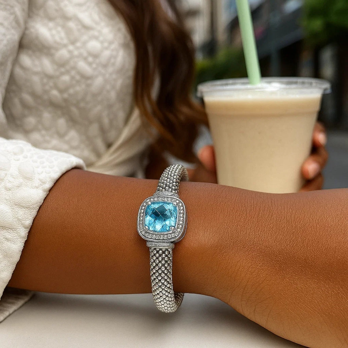Nicholanti Collection Popcorn Texture Cuff Bangle with Blue Topaz and Diamonds in 925 Sterl... - lifestyle worn by model
