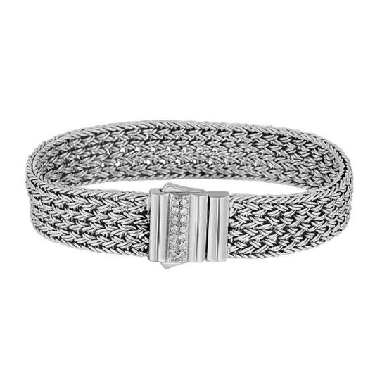 Nicholanti Collection Woven Rope Bracelet with White Sapphire Accented Clasp in 925 Sterling Silver - front view