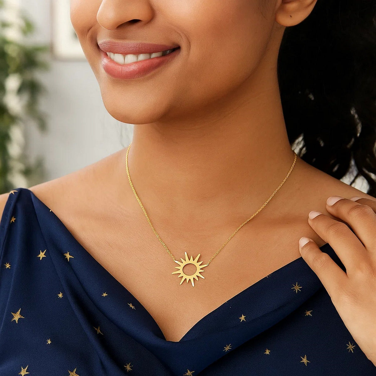 Nicholanti Collection 14k Yellow Gold Sunburst Necklace - lifestyle layered styling view