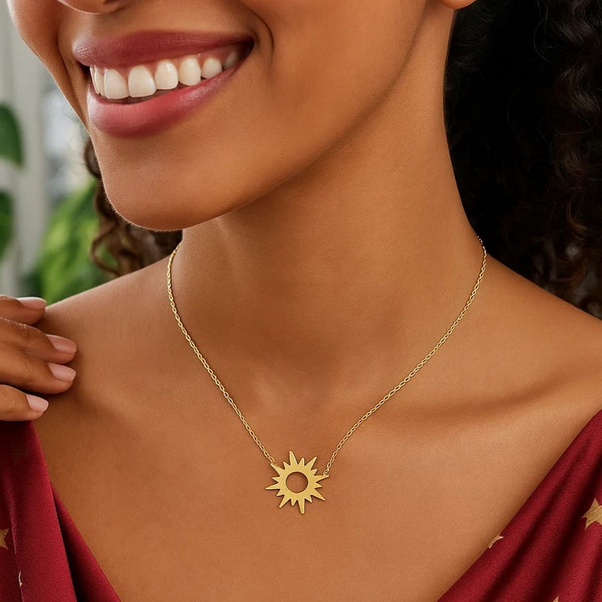 Nicholanti Collection 14k Yellow Gold Sunburst Necklace - worn by model on neckline
