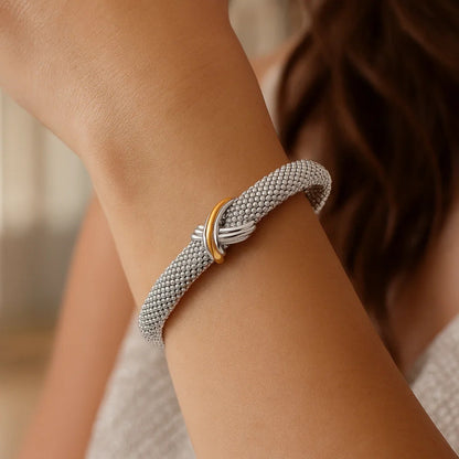 Nicholanti Collection Popcorn Texture Cuff Bangle in 925 Sterling Silver and 18k Yel... - back view showing clasp closure