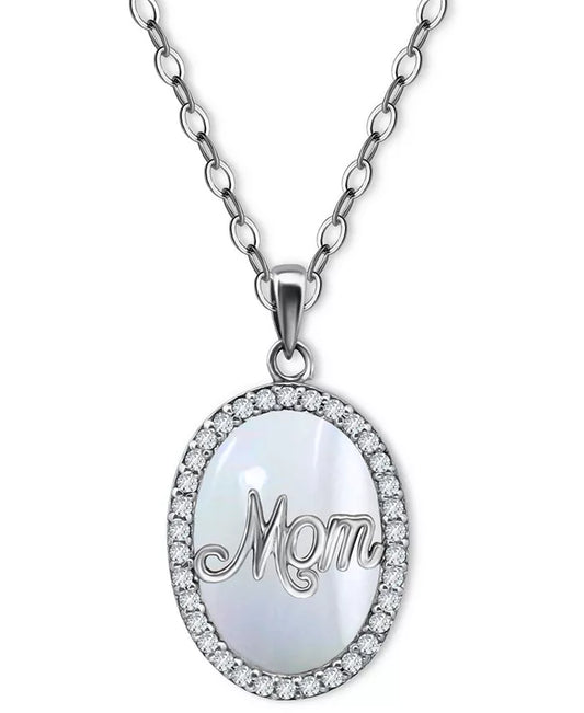 Cubic Zirconia & Mother of Pearl Oval "Mom" Halo Pendant Necklace, 16" + 2" Extender, Created for Macy'S