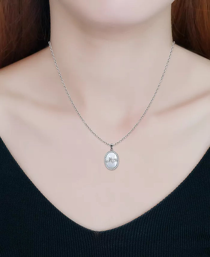 Cubic Zirconia & Mother of Pearl Oval "Mom" Halo Pendant Necklace, 16" + 2" Extender, Created for Macy'S